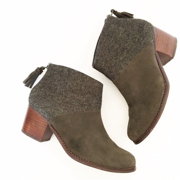 Toms Shoes - TOMS Olive Green Herringbone Stacked Heel Boots